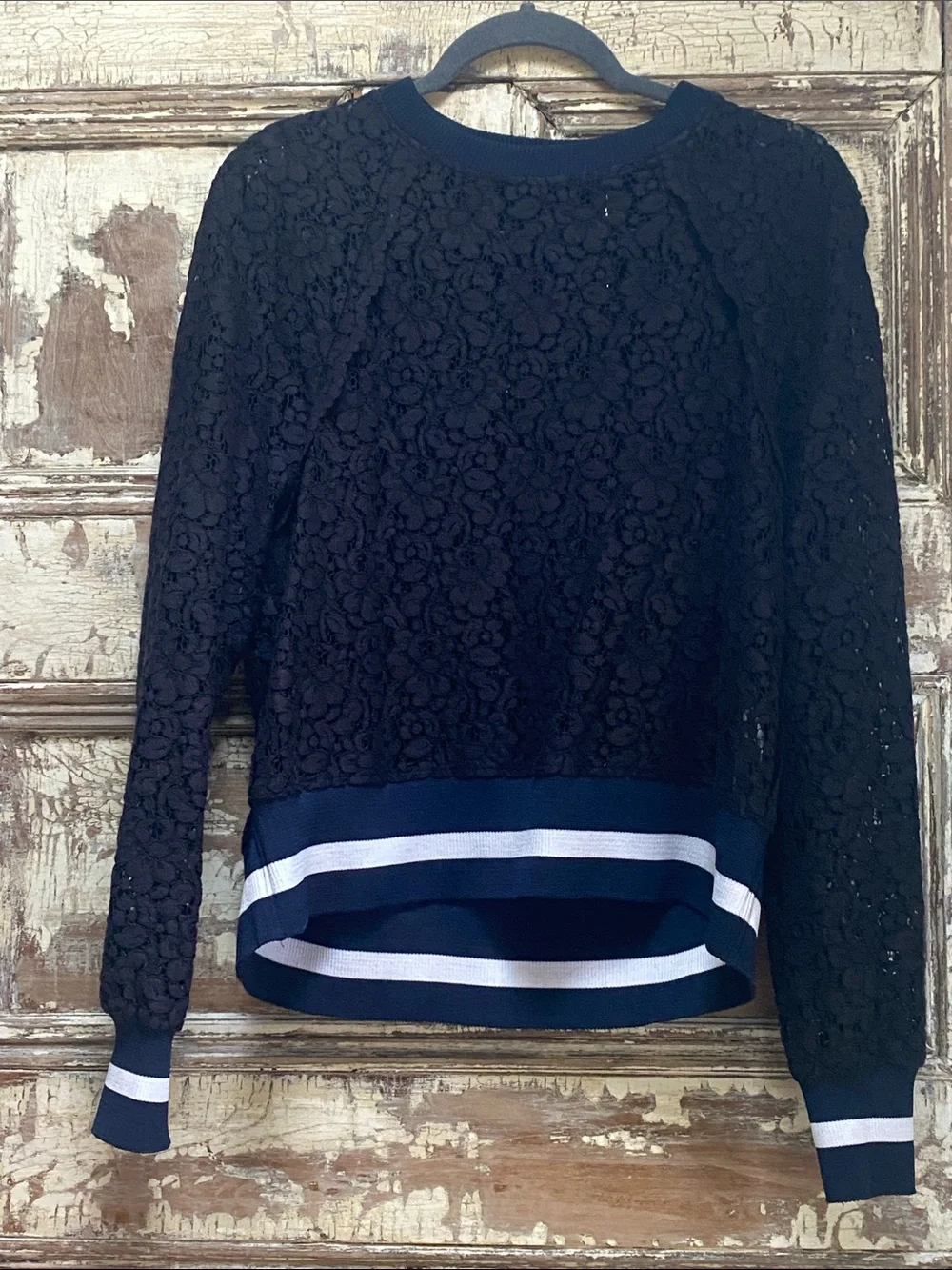 Zara Black Lace Crewneck Sweatshirt with White Stripe Hem, Size S